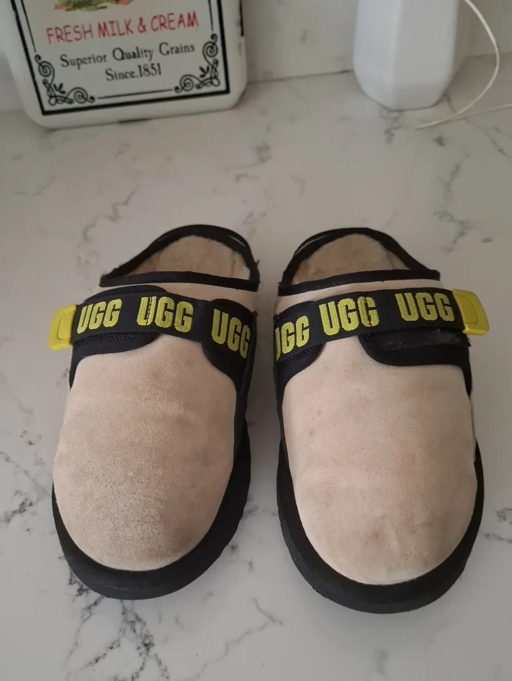 UGG Mens Beige Slip-On Clog with Yellow Accent